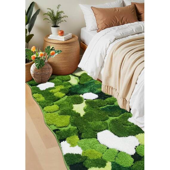 Hifuwan Cottagecore Badezimmerläufer, niedliches grünes Moos, 61 x 152 cm, extra groß, Boho-Stil, ästhetische Blätter, Badematte, zottelig, rutschfest, saugfähig, Duschmatte für Küche, Schlafzimmer
