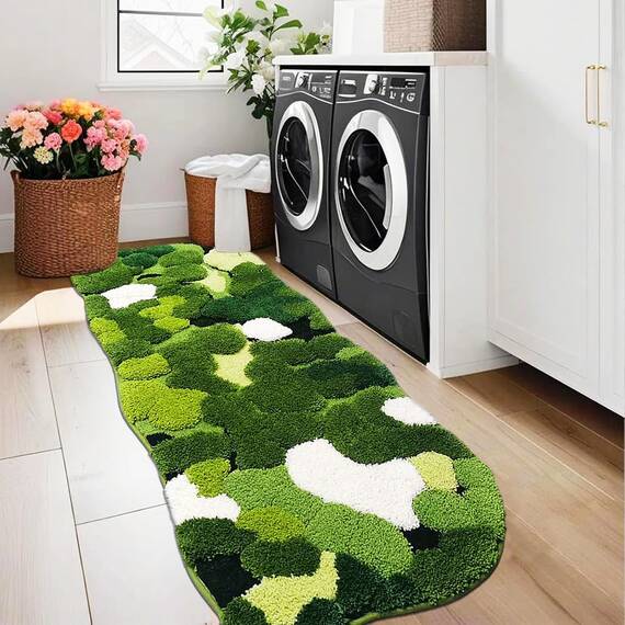 Hifuwan Cottagecore Badezimmerläufer, niedliches grünes Moos, 61 x 152 cm, extra groß, Boho-Stil, ästhetische Blätter, Badematte, zottelig, rutschfest, saugfähig, Duschmatte für Küche, Schlafzimmer