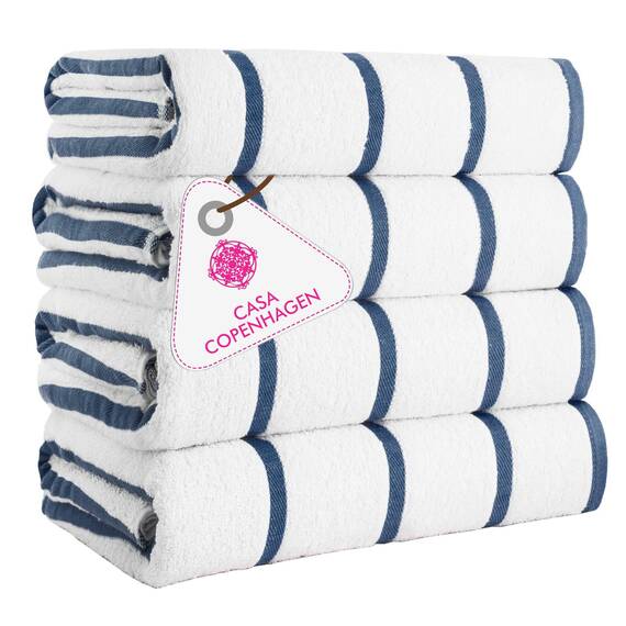 Casa Copenhagen Cabana Pool 4-teiliges Set großer Badetücher 76x152 cm, 550 GSM, in Dänemark entworfen, aus weicher ägyptischer Baumwolle für Badezimmer, Küche & Dusche- Marineblau gestreift