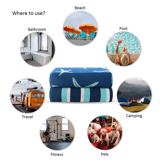 Casa Copenhagen Miami Strandtüchern, 2-Stück Geschenkset aus – Seestern Marineblau + Türkis gestreift, 75x150 cm extragroße Pooltüchern 100% Baumwolle (perfekte Sommer Geschenkset für Damen & Herren)