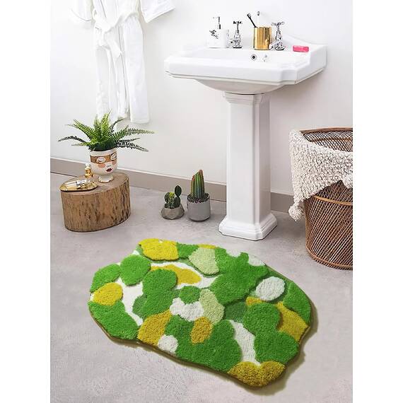 Badteppich, niedlich, gelb-grünes Moos, Zottel, Badezimmerteppich, Badezimmerdekoration, ästhetische Blätter, weich, rutschfest, waschbar, saugfähig, Bodenkeppich, Boho, Duschmatte, Fußmatte