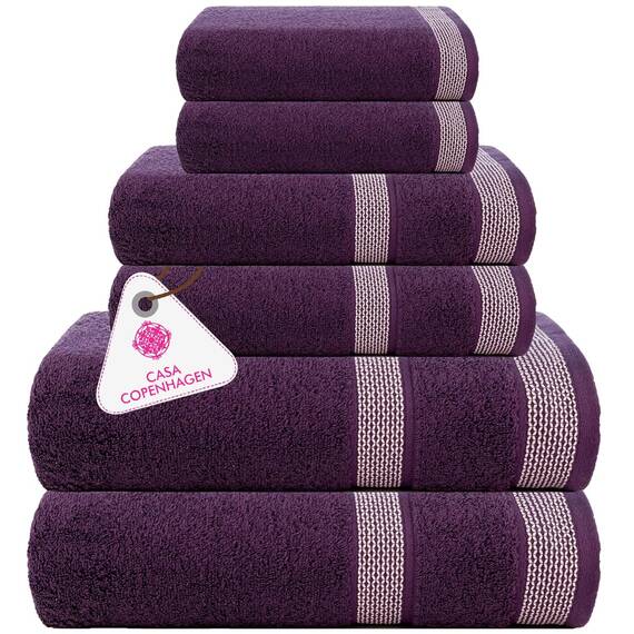 Casa Copenhagen, 6teiliges Designer Handtuch Geschenkset aus 100% ägyptischer Baumwolle –Dunkellila, 600 g/m² (2Badetücher, 2Handtücher, 2Waschhandschuhe) Geschenkbox für Damen & Herren