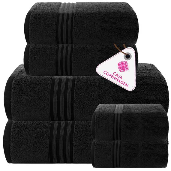 Casa Copenhagen 6-teiliges Set aus 100% Baumwolle – Strahlendes Schwarz, 600 g/m², 2 Badetücher, 2 Handtücher, 2 Waschlappen, aus ägyptischer Baumwolle, weiche Luxushandtücher für Hotels