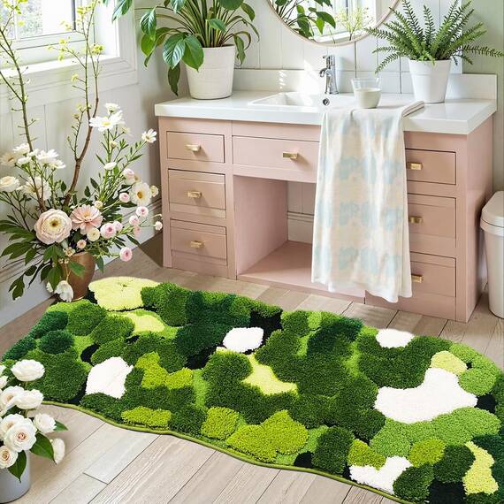 Hifuwan Cottagecore Badezimmerläufer, niedliches grünes Moos, 61 x 152 cm, extra groß, Boho-Stil, ästhetische Blätter, Badematte, zottelig, rutschfest, saugfähig, Duschmatte für Küche, Schlafzimmer