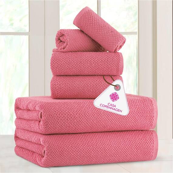 Casa Copenhagen 6-teiliges Handtuchset mit Popcorn-Struktur – Rosa, 550 g/m², 2 Badetücher, 2 Handtücher, 2 Waschlappen, strapazierfähige Baumwollhandtücher, Geschenkset fürs Badezimmer
