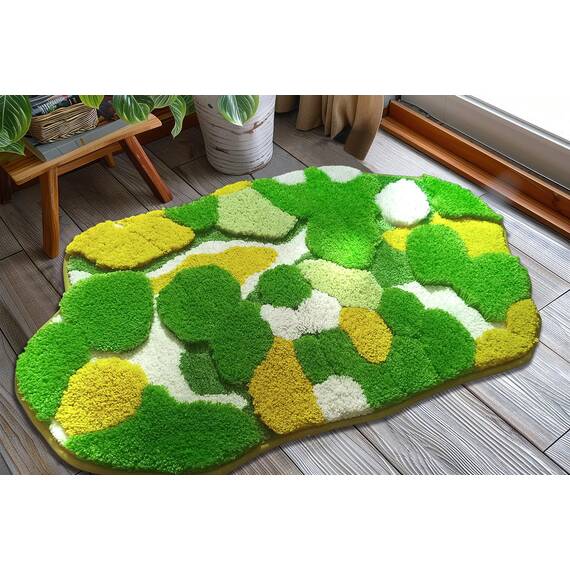 Badteppich, niedlich, gelb-grünes Moos, Zottel, Badezimmerteppich, Badezimmerdekoration, ästhetische Blätter, weich, rutschfest, waschbar, saugfähig, Bodenkeppich, Boho, Duschmatte, Fußmatte