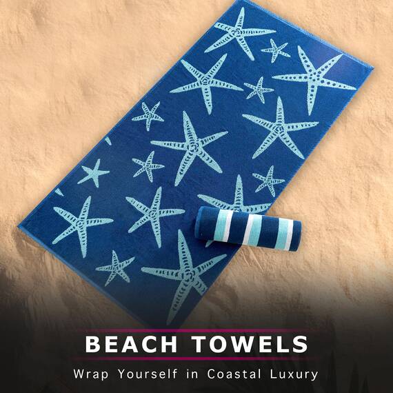 Casa Copenhagen Miami Strandtüchern, 2-Stück Geschenkset aus – Seestern Marineblau + Türkis gestreift, 75x150 cm extragroße Pooltüchern 100% Baumwolle (perfekte Sommer Geschenkset für Damen & Herren)