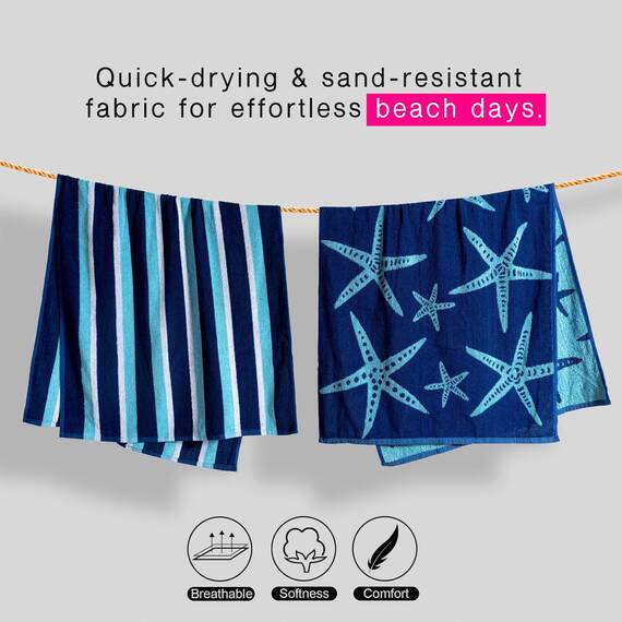 Casa Copenhagen Miami Strandtüchern, 2-Stück Geschenkset aus – Seestern Marineblau + Türkis gestreift, 75x150 cm extragroße Pooltüchern 100% Baumwolle (perfekte Sommer Geschenkset für Damen & Herren)