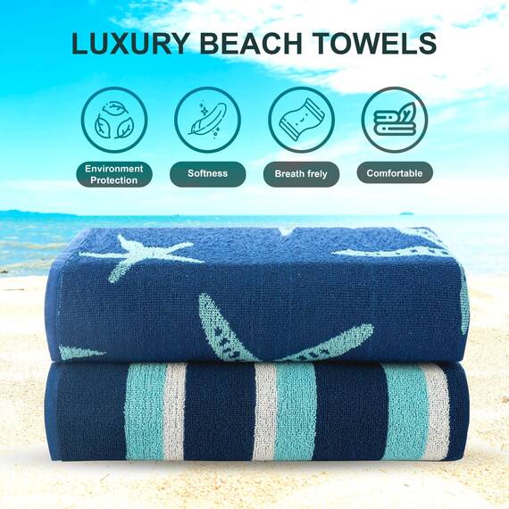 Casa Copenhagen Miami Strandtüchern, 2-Stück Geschenkset aus – Seestern Marineblau + Türkis gestreift, 75x150 cm extragroße Pooltüchern 100% Baumwolle (perfekte Sommer Geschenkset für Damen & Herren)