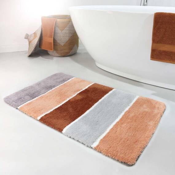 Homie Living Badteppich, Badematte kuscheliger Flauschiger weicher Flor l rutschfest und Waschbar Rio Marina (80 x 150 cm, Lachs Grau Braun)