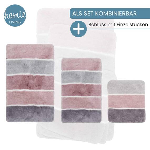 Homie Living Badteppich, Badematte kuscheliger Flauschiger weicher Flor l rutschfest und Waschbar Rio Marina (55 x 65 cm, Rosa Grau Silber)