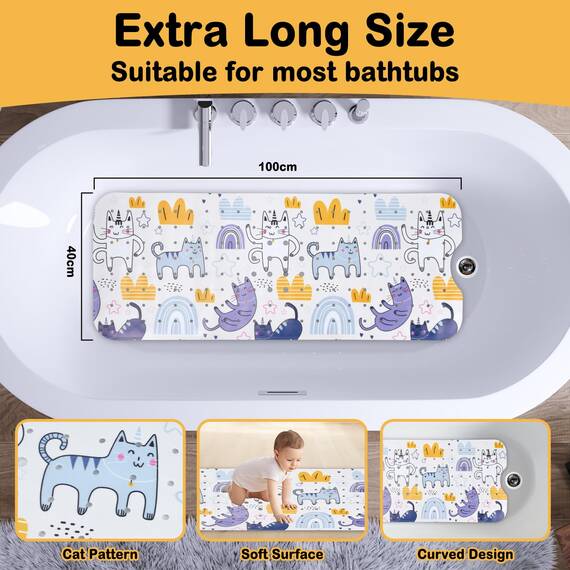YOCOLE Kinderbadewannenmatte 100x40cm Duschmatte Rutschfest, BPA-frei PVC, Saugnäpfen, Schimmelresistent & Maschinenwaschbar