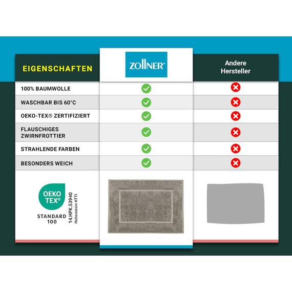 ZOLLNER 2er Set Badematten in 50x70 cm - saugstarke und Flauschige Badvorleger aus Baumwolle - bis 60°C waschbar - für Fußbodenheizung geeignet - in Fango - Hotelqualität