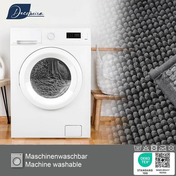 Decomira Badematte rutschfest | Als Badteppich Set kombinierbar | Badezimmer-Teppich Bad-Vorleger waschbar aus Chenille | Duschvorleger für Dusche, Badewannen, WC Deko | Dunkelgrau - 50x80 cm