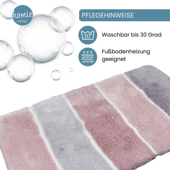 Homie Living Badteppich, Badematte kuscheliger Flauschiger weicher Flor l rutschfest und Waschbar Rio Marina (55 x 65 cm, Rosa Grau Silber)