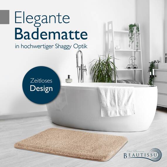 Beautissu Badematte rutschfest 60x50 cm – Duschvorleger Hochflor Badteppich rutschfest Waschbar Shaggy – Flauschig Badvorleger Badezimmerteppich – Badezimmer Badematte Natur BeauMare FL
