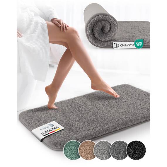 Beautissu Badematte rutschfest 120x70 cm – Duschvorleger Hochflor Badteppich rutschfest Waschbar Shaggy Optik – Flauschig Badvorleger Dusche Badezimmerteppich Groß – Badematte Grau BeauMare FL