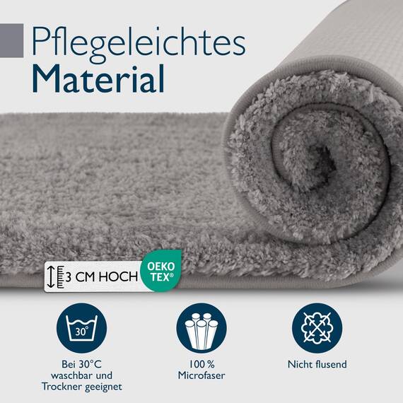 Beautissu Badvorleger rutschfest Waschbar 80x50 cm – Duschvorleger Hochflor Badematte rutschfest Shaggy – Flauschig Badvorleger Badezimmerteppich – Badezimmer Badematte Grau BeauMare FL