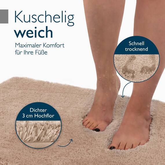 Beautissu Badematte rutschfest 100x60 cm – Duschvorleger Hochflor Badteppich rutschfest Waschbar Shaggy Optik – Flauschig Badvorleger Badezimmerteppich Groß – Badematte Natur BeauMare FL