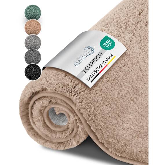Beautissu Badematte rutschfest 100x60 cm – Duschvorleger Hochflor Badteppich rutschfest Waschbar Shaggy Optik – Flauschig Badvorleger Badezimmerteppich Groß – Badematte Natur BeauMare FL