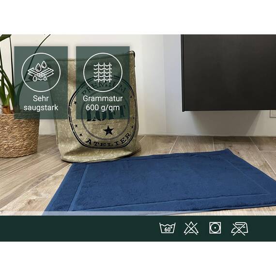 ZOLLNER 2er Set Badevorlagen in 50x70 cm - saugstarke und weiche Badematten in dunkelblau - angenehmer Massageeffekt - waschbar bis 60°C - für Fußbodenheizung geeignet - Baumwolle - Hotelqualität