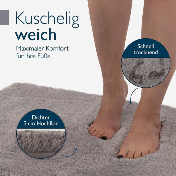 Beautissu Badematte rutschfest 120x70 cm – Duschvorleger Hochflor Badteppich rutschfest Waschbar Shaggy Optik – Flauschig Badvorleger Dusche Badezimmerteppich Groß – Badematte Grau BeauMare FL