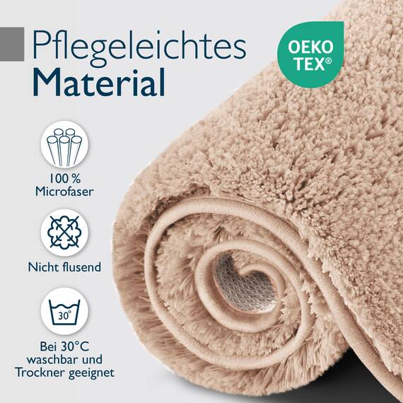 Beautissu Badematte rutschfest 60x50 cm – Duschvorleger Hochflor Badteppich rutschfest Waschbar Shaggy – Flauschig Badvorleger Badezimmerteppich – Badezimmer Badematte Natur BeauMare FL