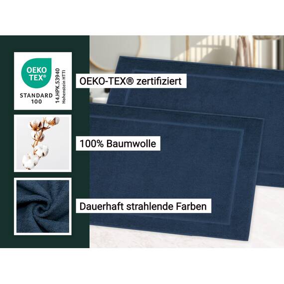 ZOLLNER 2er Set Badevorlagen in 50x70 cm - saugstarke und weiche Badematten in dunkelblau - angenehmer Massageeffekt - waschbar bis 60°C - für Fußbodenheizung geeignet - Baumwolle - Hotelqualität