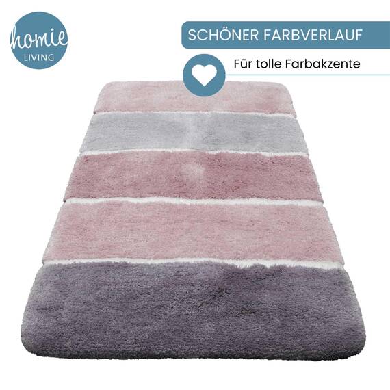 Homie Living Badteppich, Badematte kuscheliger Flauschiger weicher Flor l rutschfest und Waschbar Rio Marina (70 x 120 cm, Rosa Grau Silber)
