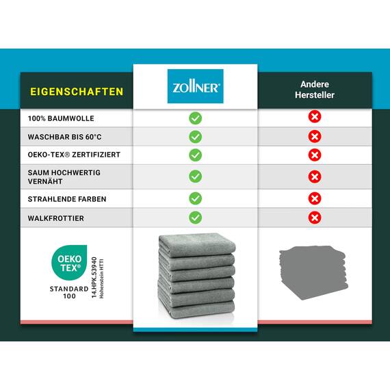 ZOLLNER 6er Set Handtücher in 50x100 cm - saugstarke und weiche Badetücher in hellgrau - mit praktischem Aufhänger - waschbar bis 60°C - Baumwolle - Hotelqualität