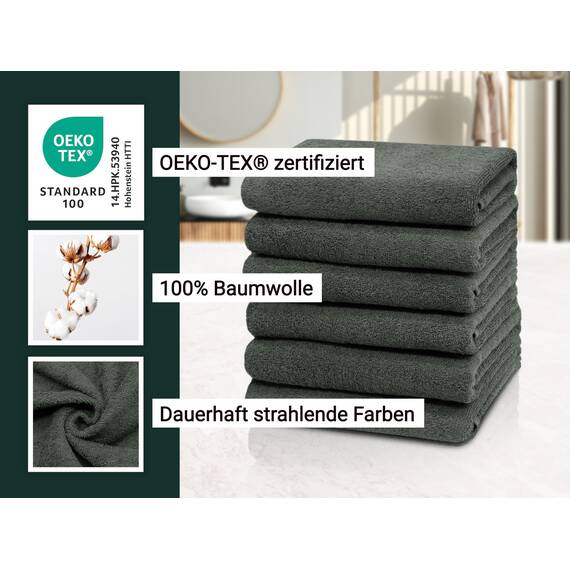ZOLLNER 6er Set Handtücher in 50x100 cm - saugstarke und weiche Badetücher in dunkelgrau - mit praktischem Aufhänger - waschbar bis 60°C - Baumwolle - Hotelqualität