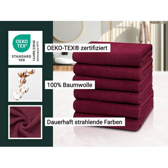 ZOLLNER 6er Set Handtücher in 50x100 cm - saugstarke und weiche Badetücher in weinrot - mit praktischem Aufhänger - waschbar bis 60°C - Baumwolle - Hotelqualität