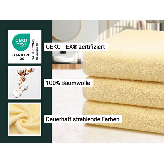 ZOLLNER 3er Set Duschtücher in 70x140 cm - saugstarke und weiche Badehandtücher in gelb - mit praktischem Aufhänger - waschbar bis 60°C - Baumwolle - Hotelqualität