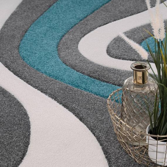 TT Home Wohnzimmer Teppich Moderner Kurzflor 3D Optik Geometrisches Wellen Design, Farbe:Türkis, Größe:60x110 cm