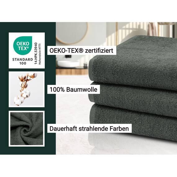 ZOLLNER 3er Set Duschtücher in 70x140 cm - saugstarke und weiche Badehandtücher in dunkelgrau - mit praktischem Aufhänger - waschbar bis 60°C - Baumwolle - Hotelqualität