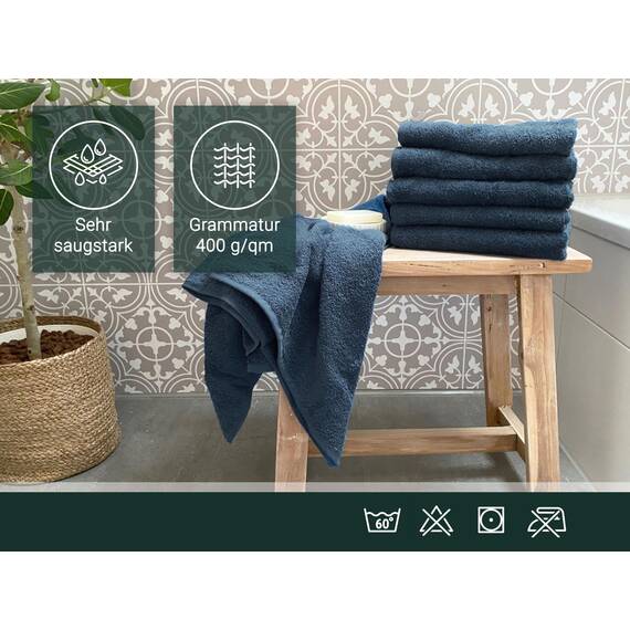 ZOLLNER 6er Set Handtücher in 50x100 cm - saugstarke und weiche Badetücher in dunkelblau - mit praktischem Aufhänger - waschbar bis 60°C - Baumwolle - Hotelqualität
