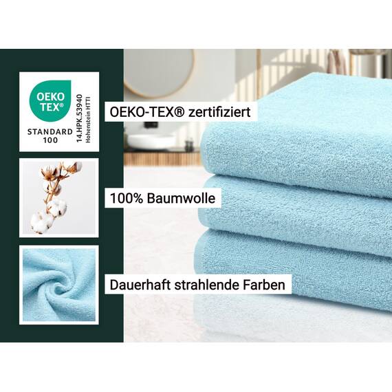 ZOLLNER 3er Set Duschtücher in 70x140 cm - saugstarke und weiche Badehandtücher in hellblau - mit praktischem Aufhänger - waschbar bis 60°C - Baumwolle - Hotelqualität