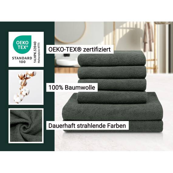 ZOLLNER Handtuch Set aus 4 Handtücher 50x100 cm & 2 Duschtücher 70x140 cm - saugstarke und weiche Tücher in dunkelgrau - mit praktischem Aufhänger - waschbar bis 60°C - Baumwolle - Hotelqualität