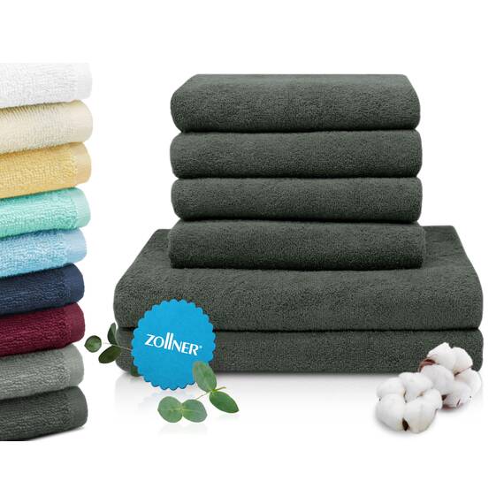 ZOLLNER Handtuch Set aus 4 Handtücher 50x100 cm & 2 Duschtücher 70x140 cm - saugstarke und weiche Tücher in dunkelgrau - mit praktischem Aufhänger - waschbar bis 60°C - Baumwolle - Hotelqualität