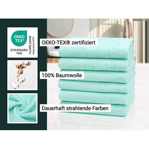 ZOLLNER 6er Set Handtücher in 50x100 cm - saugstarke und weiche Badetücher in Mint - mit praktischem Aufhänger - waschbar bis 60°C - Baumwolle - Hotelqualität