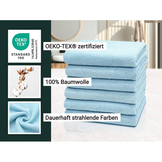 ZOLLNER 6er Set Handtücher in 50x100 cm - saugstarke und weiche Badetücher in hellblau - mit praktischem Aufhänger - waschbar bis 60°C - Baumwolle - Hotelqualität