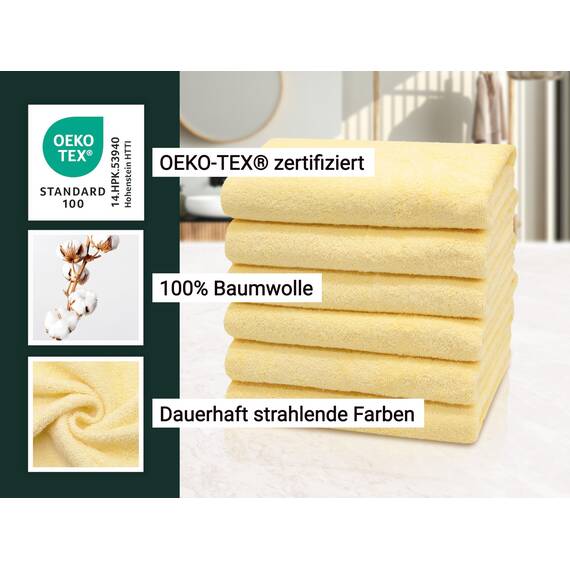 ZOLLNER 6er Set Handtücher in 50x100 cm - saugstarke und weiche Badetücher in gelb - mit praktischem Aufhänger - waschbar bis 60°C - Baumwolle - Hotelqualität