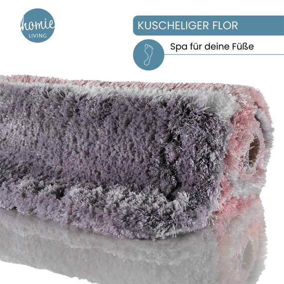 Homie Living Badteppich, Badematte kuscheliger Flauschiger weicher Flor l rutschfest und Waschbar Rio Marina (70 x 120 cm, Rosa Grau Silber)