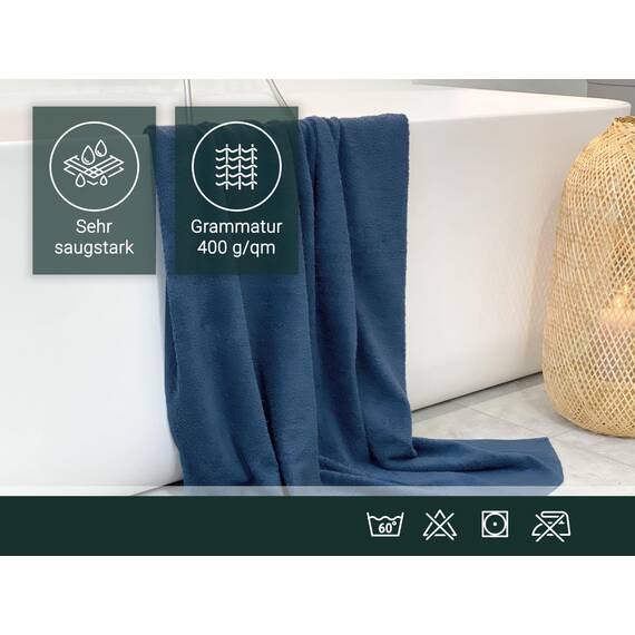 ZOLLNER 3er Set Duschtücher in 70x140 cm - saugstarke und weiche Badehandtücher in dunkelblau - mit praktischem Aufhänger - waschbar bis 60°C - Baumwolle - Hotelqualität