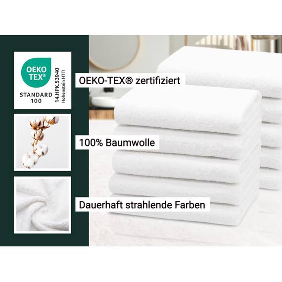 ZOLLNER 10er Set Handtücher in 50x100 cm - saugstarke und weiche Duschtücher in weiß - mit praktischem Aufhänger - waschbar bis 95°C - Baumwolle - Hotelqualität