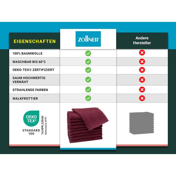 ZOLLNER 10er Set Gästehandtücher in 30x50 cm - saugstarke und weiche Gästetücher in weinrot - mit praktischem Aufhänger - waschbar bis 60°C - Baumwolle - Hotelqualität
