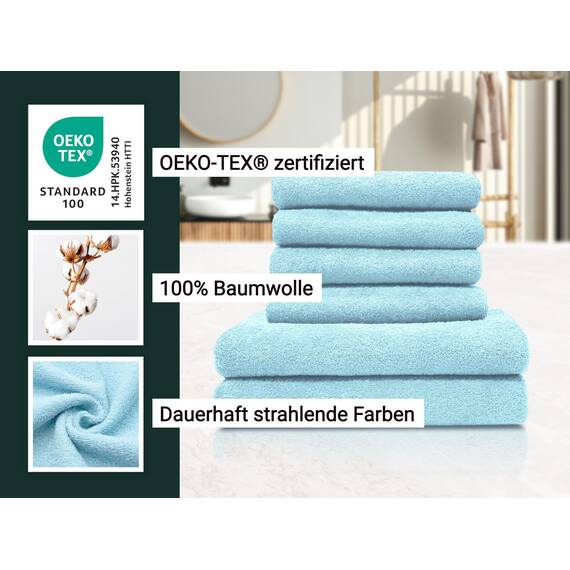 ZOLLNER Handtuch Set aus 4 Handtücher 50x100 cm & 2 Duschtücher 70x140 cm - saugstarke und weiche Tücher in hellblau - mit praktischem Aufhänger - waschbar bis 60°C - Baumwolle - Hotelqualität