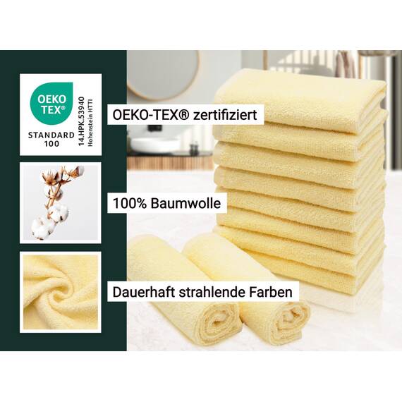 ZOLLNER 10er Set Seiftücher in 30x30 cm - saugstarke und weiche Waschlappen in gelb - mit praktischem Aufhänger - waschbar bis 60°C - Baumwolle - Hotelqualität