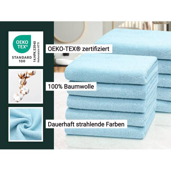 ZOLLNER 10er Set Handtücher in 50x100 cm - saugstarke und weiche Duschtücher in hellblau - mit praktischem Aufhänger - waschbar bis 60°C - Baumwolle - Hotelqualität