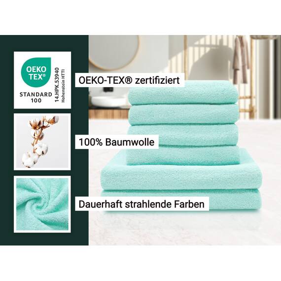ZOLLNER Handtuch Set aus 4 Handtücher 50x100 cm & 2 Duschtücher 70x140 cm - saugstarke und weiche Tücher in Mint - mit praktischem Aufhänger - waschbar bis 60°C - Baumwolle - Hotelqualität
